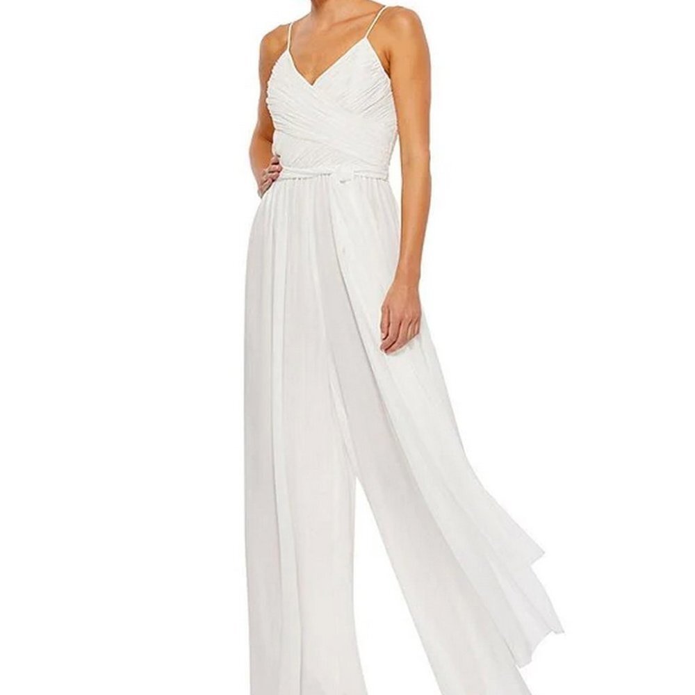 Mac Duggal White Pleated Wide Leg Jumpsuit W/O Sash